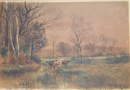 Henry Charles Fox, watercolour, Cattle watering, signed and dated 1916, 38 x 56cm, unframed